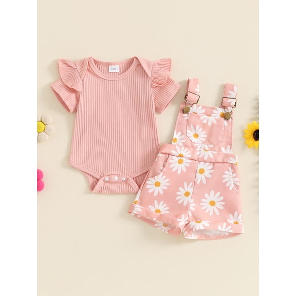 Baby Girls Shorts Set, Short Sleeve Romper with Flower Print Suspender Shorts Summer Outfit