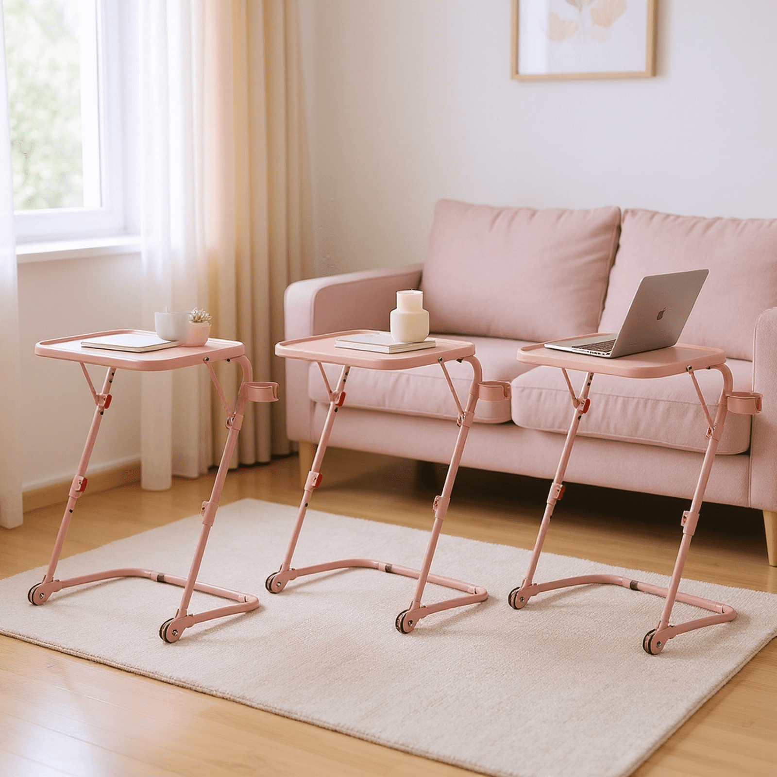 Homy Casa Folding TV Tray Table with Cup Holder, Adjustable Snack Table for Bed, Sofa, Couch, Pink