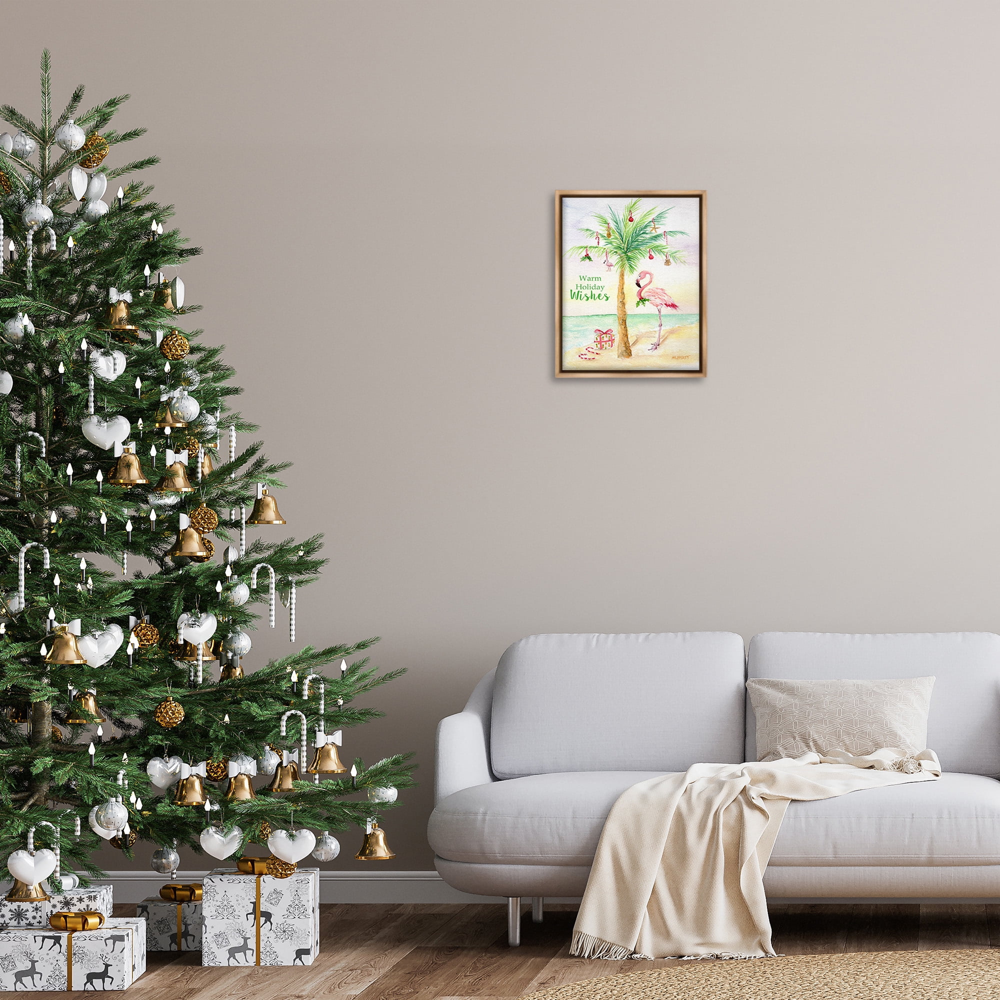 Stupell Industries Tropical Flamingo Christmas Holiday Painting Brown Floater Framed Canvas Art Print Wall Art, 17 x 21