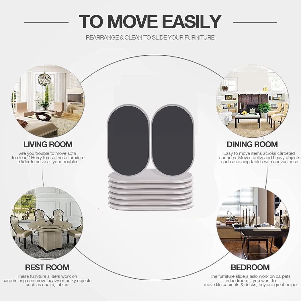 Reusable Large Furniture Sliders for Carpet, Furniture Movers Sliders, Carpet Movers Oval Heavy Duty Sofa Bed Table Desk Movers for Carpet –Quickly and Easily Move Any Item, Black (8 Pack)
