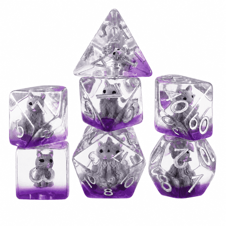 DND Dice Set 7Pcs Polyhedral Resin Dice Gray Mouse Core RPG Dice with Silver Numbers for Dungeons and Dragons Games