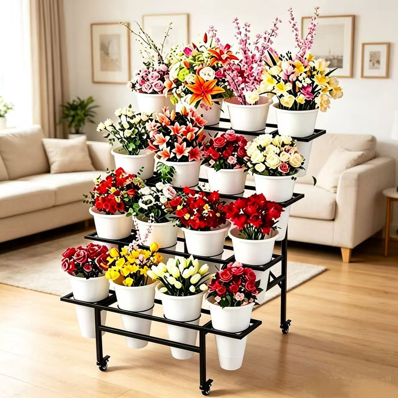 Zhongma Silk Flower Display Stand, 16 Plastic Buckets, Heavy Duty