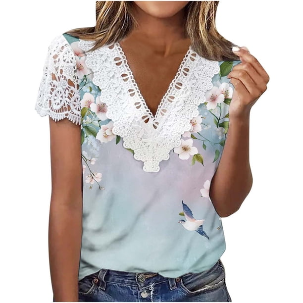 Camisetas de Manga Corta con Cuello en V para Mujeres Impresas con Botón Blusas Casuales de Moda de Verano Ajuste Regular