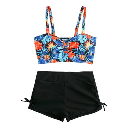 Hiijoy Big Girls Swimsuit Tropical Print Bikini Top and Boyshorts Bathing Suit  2-Piece