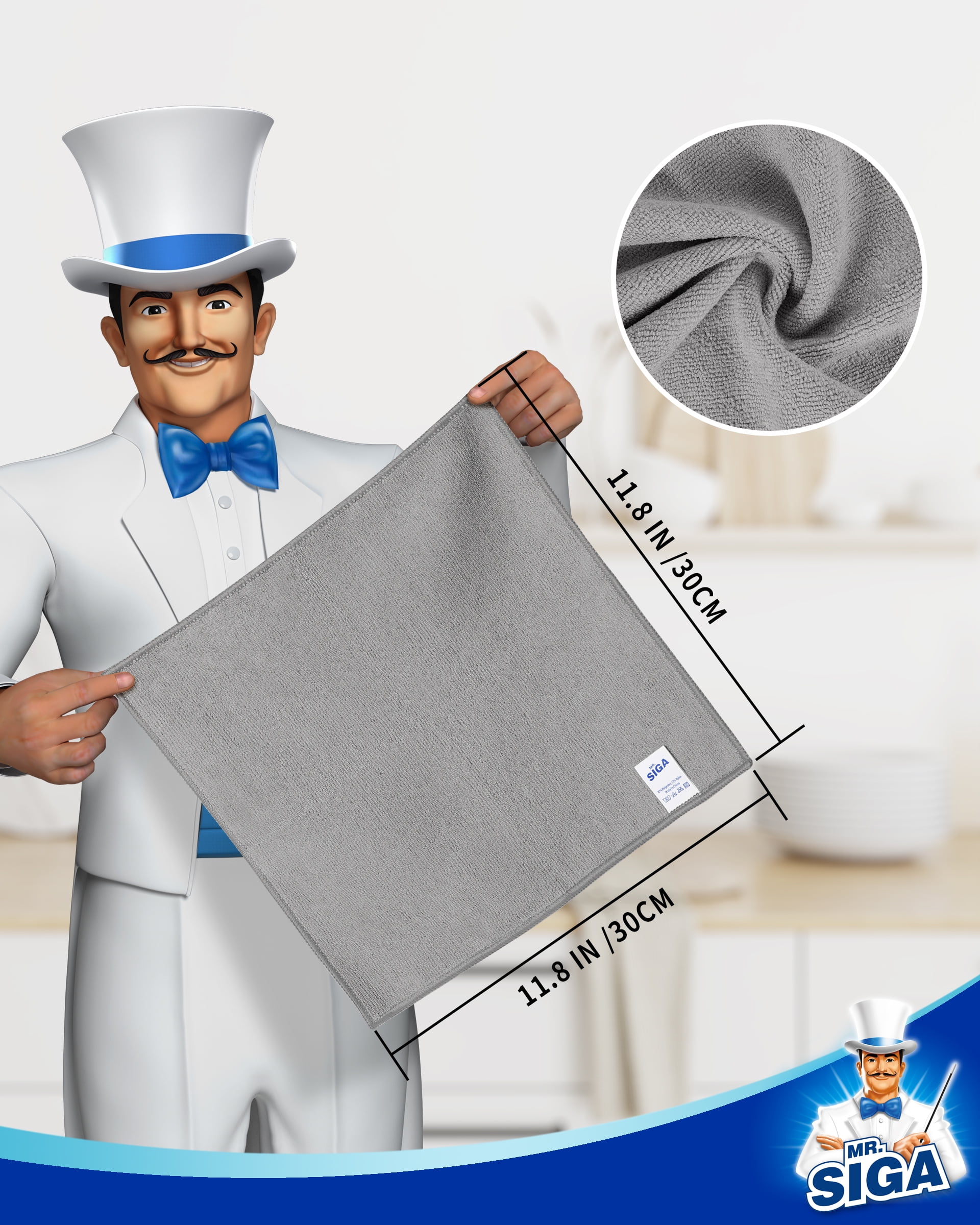 MR.SIGA Microfiber Cleaning Cloth, Streak Free Cleaning Rags,All-Purpose Cleaning Towels, 50 Pack, Size 11.8"x 11.8", Gray