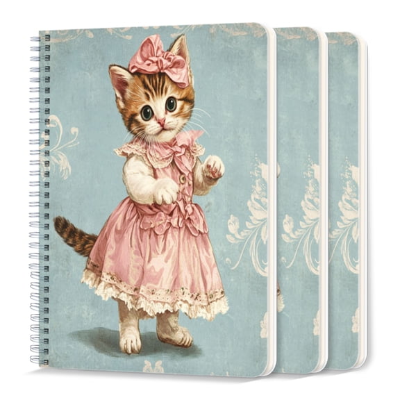 Spiral Journal Notebook,50 Sheets A5 College Ruled Notebook/Journal 3 Pcs for School Office Home - Adorable Cat Wearing on Vintage Background