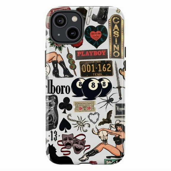 Vintage Tattoo Collage Phone Case, Retro Graphic and Iconic Illustrations iPhone Cover, Unique Artistic Protective Case for iPhone 17 16 15 14 13 12 11 Pro Plus Mini