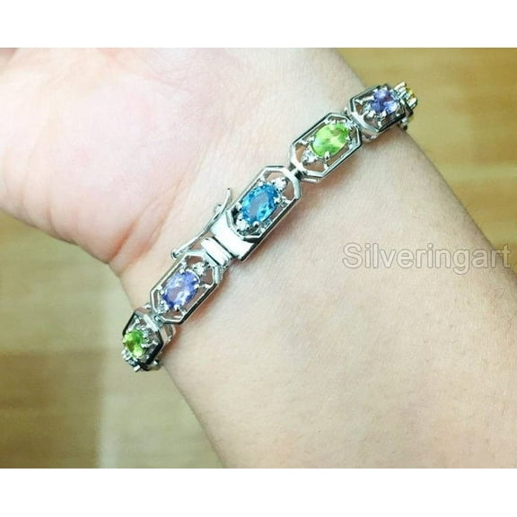 Multi Color Bracelet, 925 Sterling Silver Bracelet, Multi Gems, CZ Bracelet, Womens Bracelet, Handmade Bracelet, Natural Amethyst Peridot Citrine Topaz, Chakra Bangle, Christmas, Thanksgiving