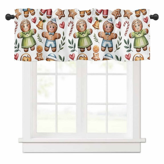 Christmas Gingerbread Man Valances for Windows Heart Leaf Xmas Bell Winter Rod Pocket Curtain Valance Window Treatment Short Curtains for Kitchen Living Room, 60"x14"