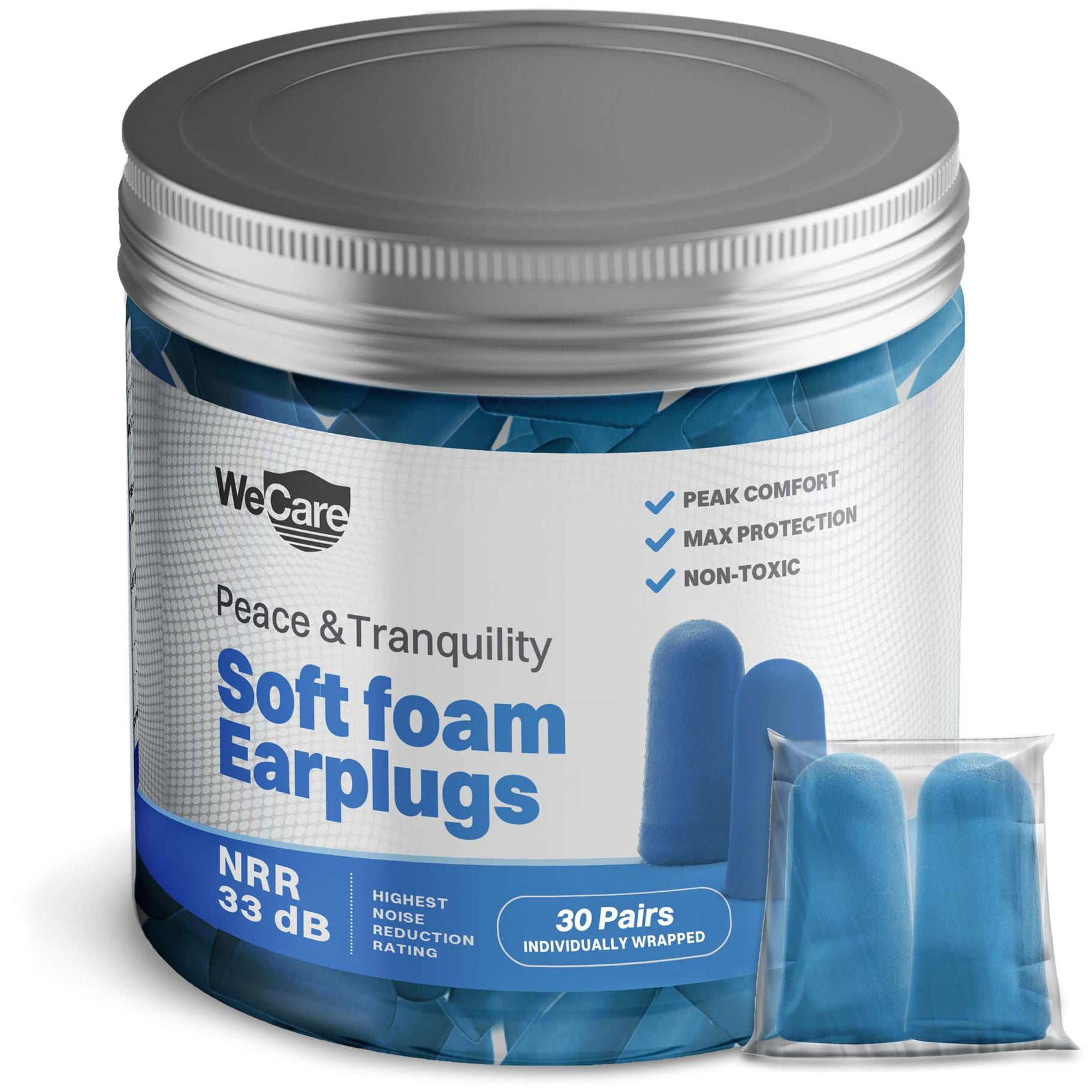 WeCare Individually Wrapped Soft Foam Earplugs 30 Pairs 33dB Comfortable Ear Plugs for