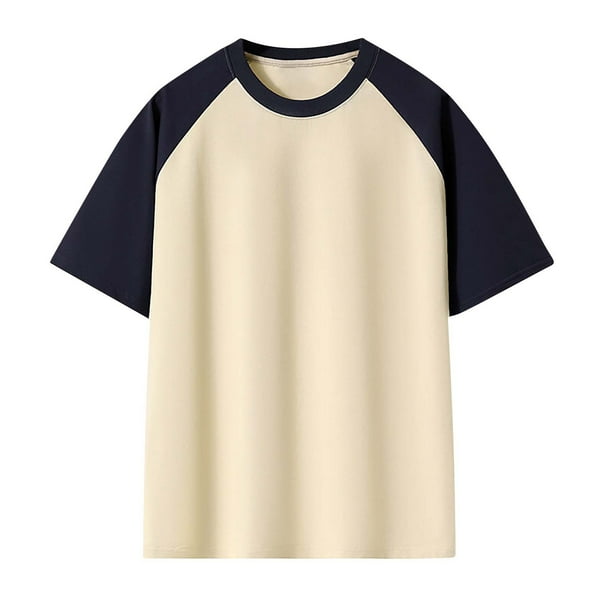 Blusas y camisas de manga corta y cuello redondo para hombre, blusas casuales de bloque de color con mangas raglán y cuello redondo conciso para hombre.