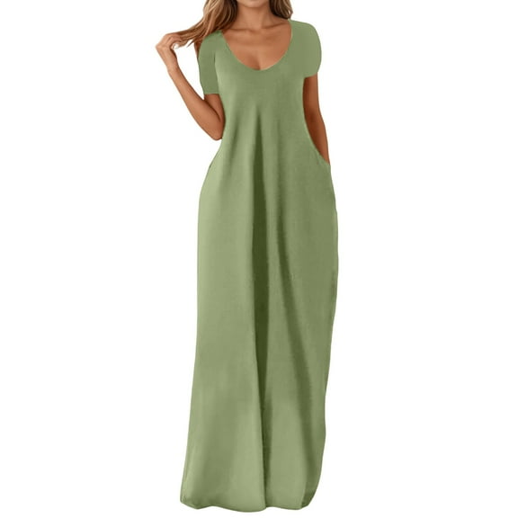 JIAYUE Women's Dress Loose Ankle-Length Plus Size Fashion Casual Solid Color Sexy V Neck Short Sleeve Pocket Long Classic Female Dresses