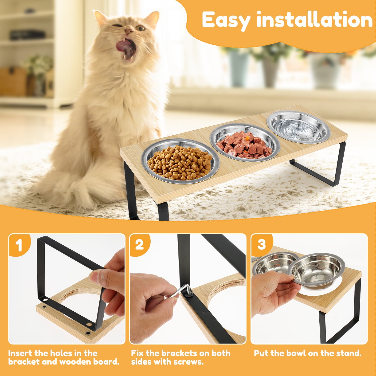 Elevated Cat Bowls Wood Cat Bowl Stand 15° Inclined Elevated Cat Food Feeder Easy to Install Raised Cat Feeder Flexible Easy to Use Elevated Cat Bowl Suitable for Cat