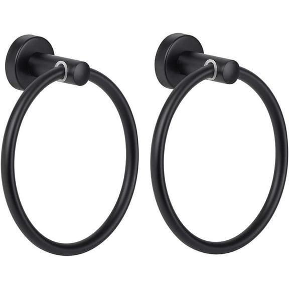 Towel Ring Black, Bathroom Hand Towel Holder Ring, Polished Shiny Black Bath Towels Hanger Hook, Round Rustproof Stainless Steel Kitchen Rings with Wall Mounted Hardware (2 Pack, Drill Needed)
