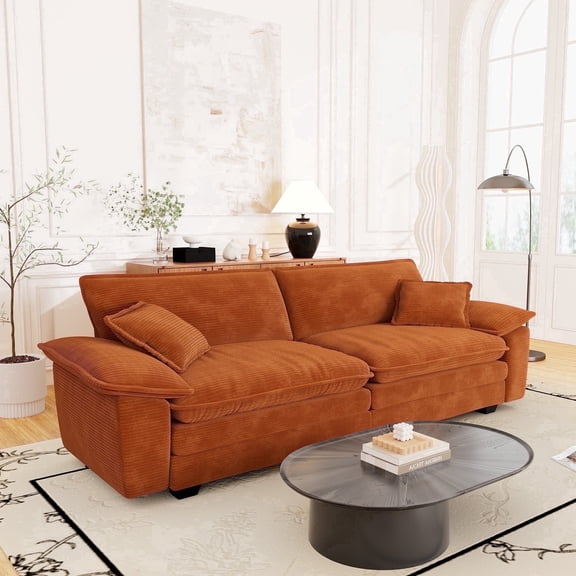 Muumblus 80.5" Corduroy Loveseat Sofa, Oversized Upholstered 2-Seater Fluffy Cloud Sleeper Couch for Living Room/Apt, Orange
