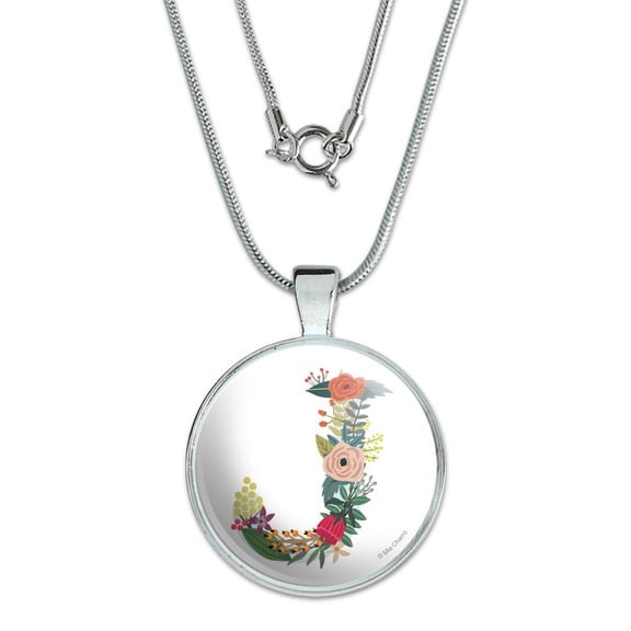 Letter J Floral Monogram Initial 1" Pendant with Sterling Silver Plated Chain