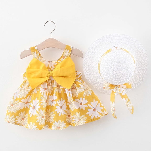 LoyisViDion Baby Girls Dress Toddler Kids Baby Girl Summer Bow Print Suspender Dress with Hat Yellow 2-3years