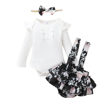 

Mikrdoo Baby Girls Outfits Long Sleeve Rib Romper Spring Floral Straps Suspender Skirts Fall Headband 3Pcs Clothes Set White 3-6 Months