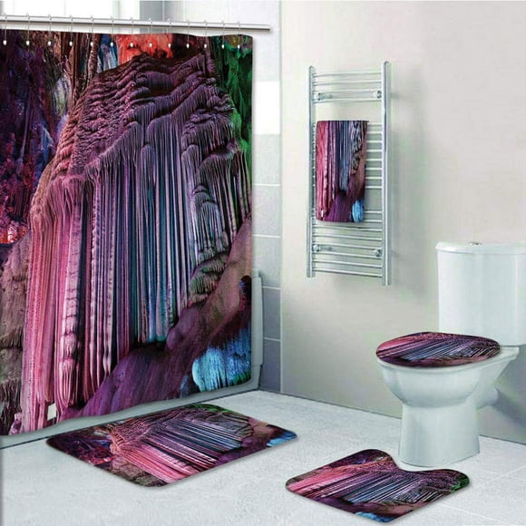 EREHome Natural Cave Silver Stalactites Typical Chinese Karst Asian Wonders Deep in the Planet 5 Piece Bathroom Set Shower Curtain Bath Towel Bath Rug Contour Mat and Toilet Lid Cover