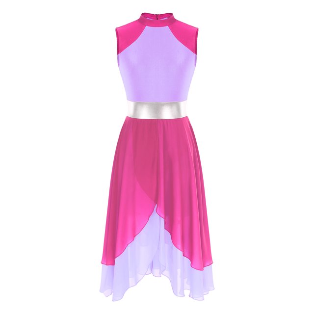 YONGHS Robe de Danse Lyrique pour Femmes Patchwork en Chiffon Color Block Costume Performance Tunique Rose Vif&Violet Clair TG