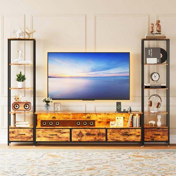 Gaderth Media Center, Modern TV Stand for 65 Inch, Wood & Metal Entertainment Center with 5-Tier Open Bookshelf, LED Lights, Power Outlets, 5 Fabric Drawers, Space-Saving Media Console
