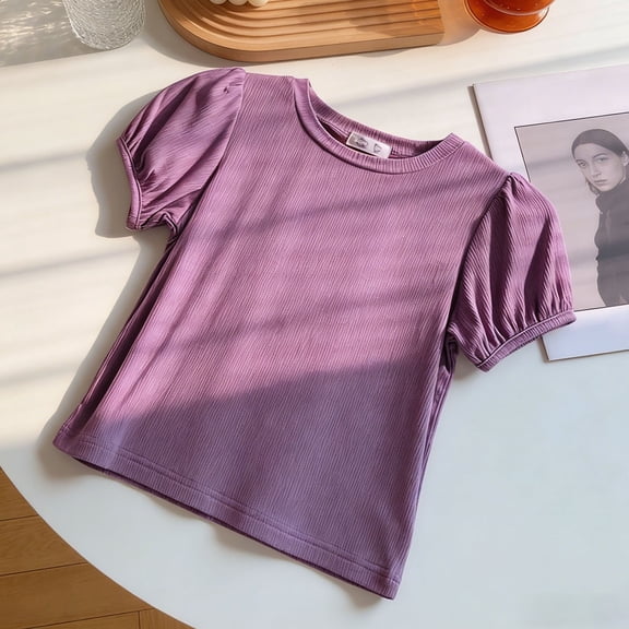 T Shirts for Girls Purple Girls Puff Sleeve Tops Casual Summer Girl Clothes Girls T Shirts 7-8 Years
