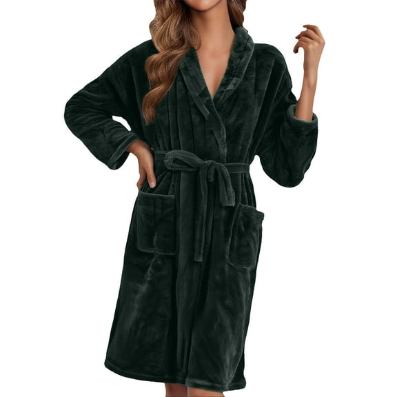 Womens Bathrobe, Hugcore Womens Long Fleece Robe Fuzzy Cozy Warm Bathrobe Shawl Collar Spa Robe Laddies Textured House Coat Fluffy Robes for Women Blackish Green L