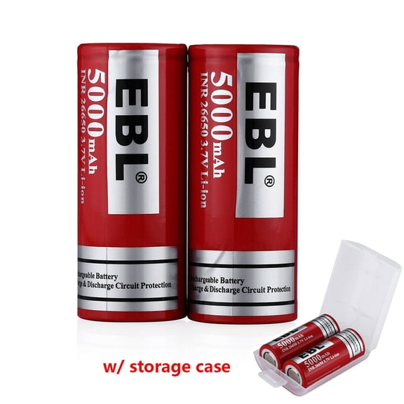 EBL 2-Pack 5000Ah 26650 Li-ion Rechargeable Battery 3.7V 5000mAh HIGH Capacity INR with Storage Case