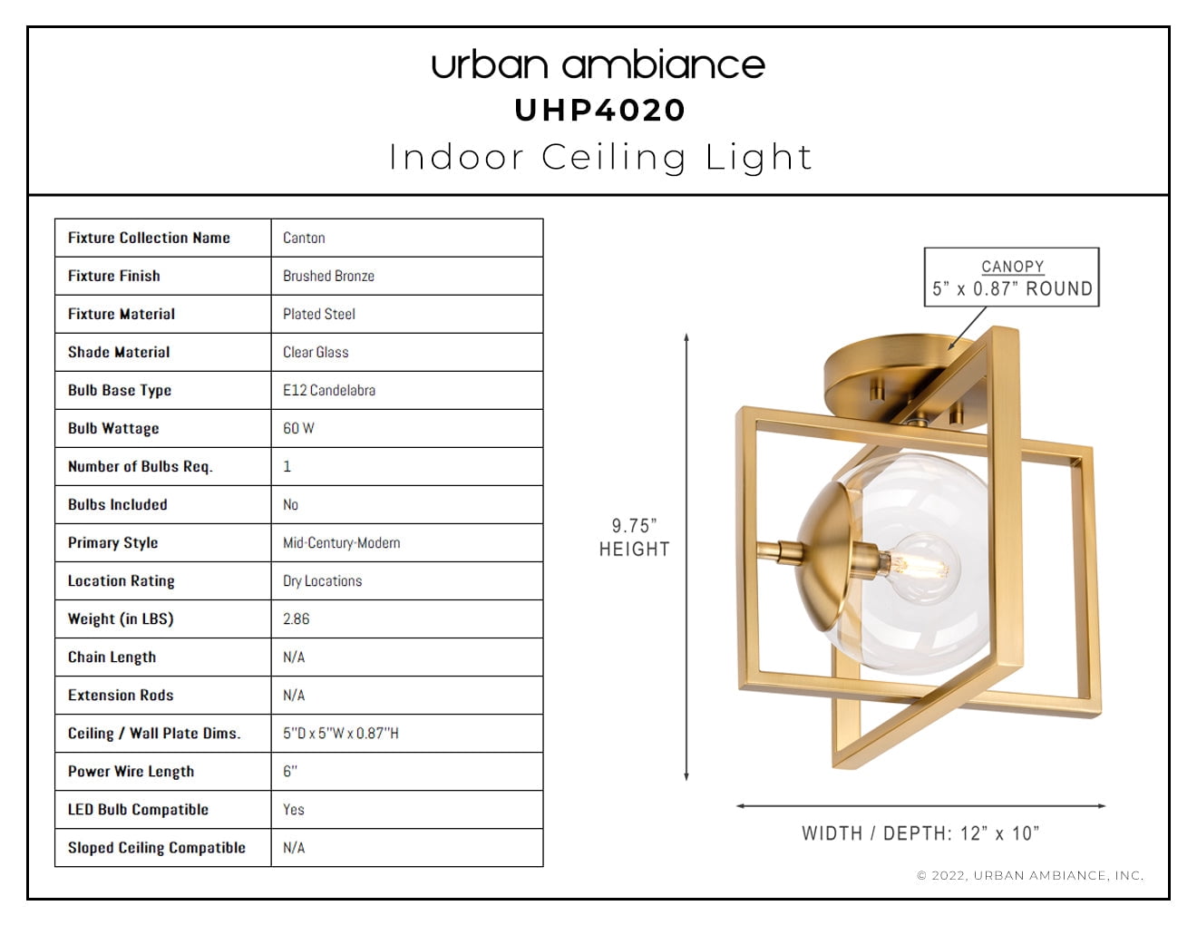 Luxury Minimalist Ceiling Light, 9.75H x 12W, with Modern Farmhouse Style, Brushed Bronze, UHP4020 by Urban Ambiance