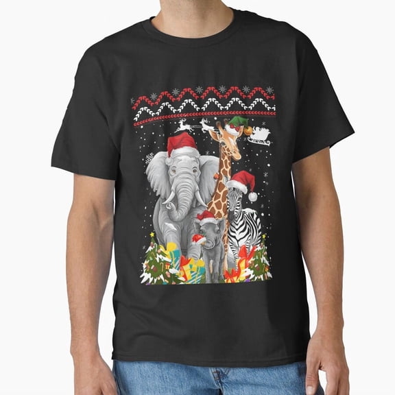 Wild Animals Ugly Christmas Sweater Elephant Giraffe Zebra Holiday Unisex T-Shirt, for men & women, up to size 5XL
