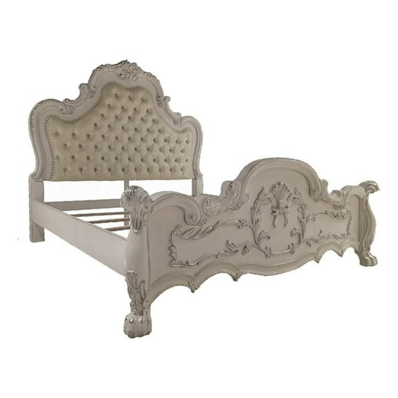 Ally King Bed- Decorative Carved Accent Inlay- Bone White Wood- Silver