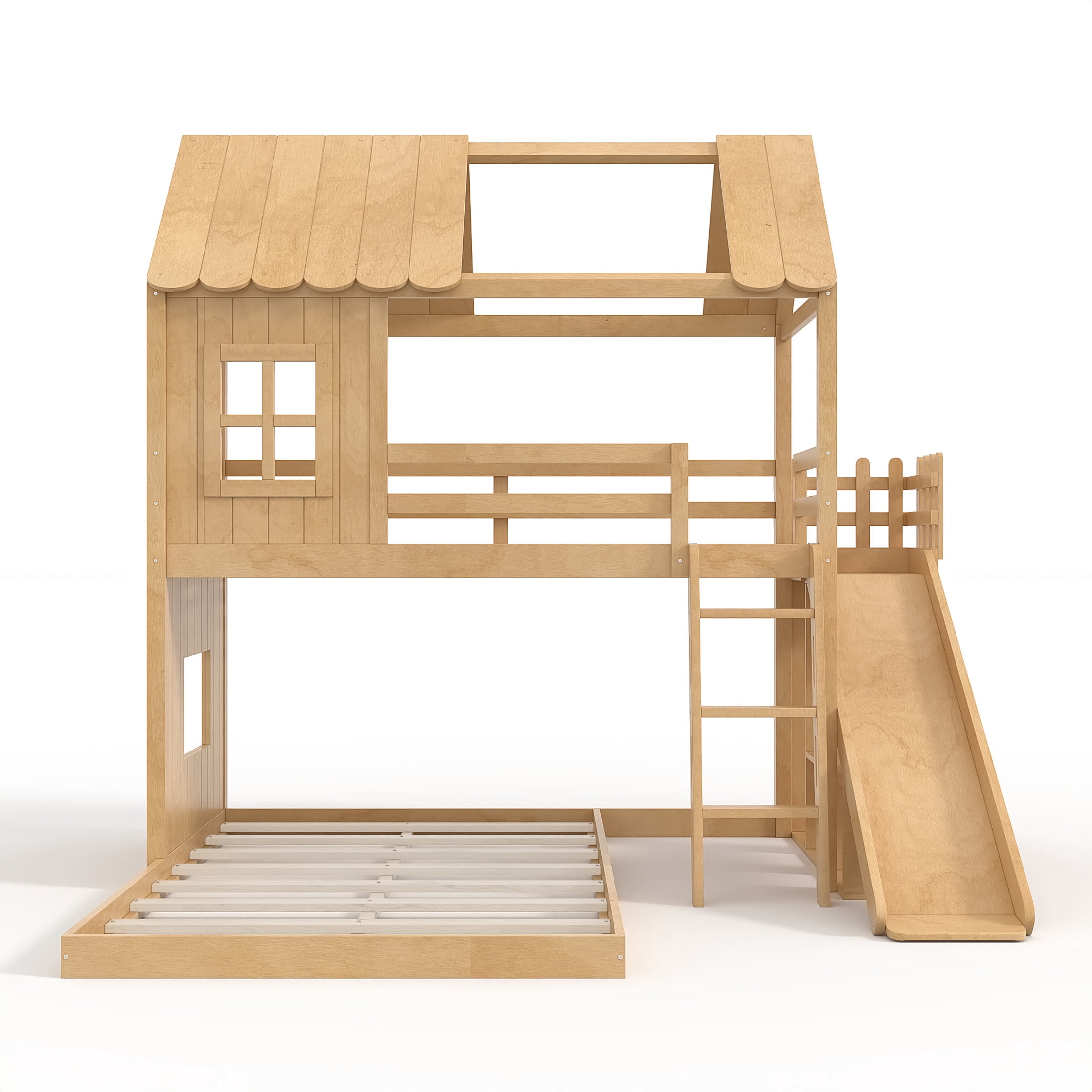 GDF Studio Twin over Full House Bunk Bed with Slide, Ladder, Shelves & Wardrobe, Natural