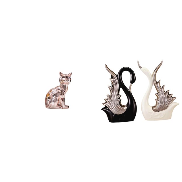 Elegantes figuras de cerámica de un gato y un cisne, ideales para chimenea, estante o escritorio. Colección de arte, artesanía y decoración para el ho