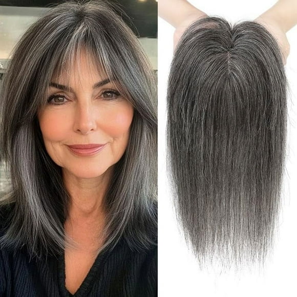 Hair Toppers for Women Real Human Hair, 10 inch Hair Toppers with Bangs for Women with Thinning Hairs, Dark Grey