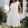 thumbnail image 6 of qolati Women Summer Dresses Crew Neck Cap Sleeve Midi Dresses Casual Ruffle Tiered Smocked Elastic Waist Flowy Sundress Beach Vacation Clothes with Pockets White XXL, 6 of 8