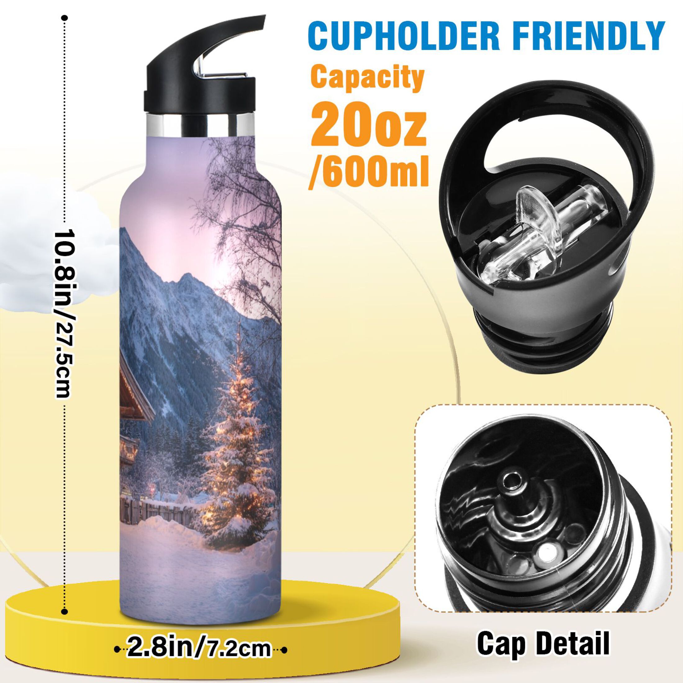 Kids Insulated Stainless Steel Sports Water Bottle 600ml (20oz) Beautiful Wooden Chalet