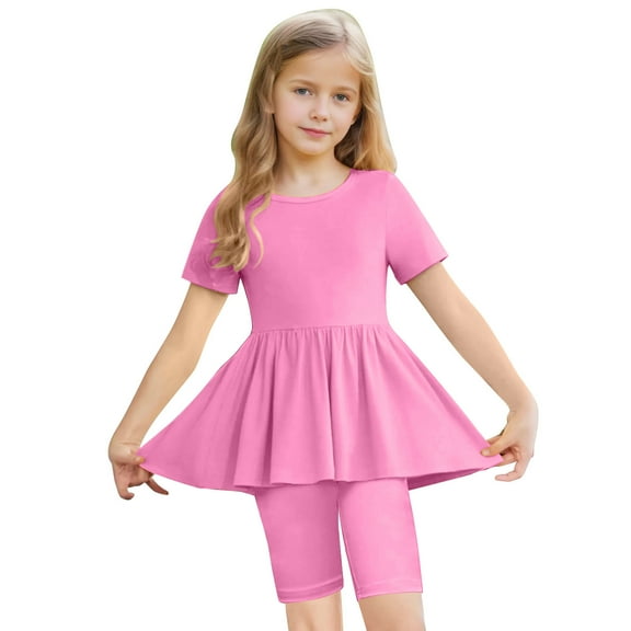purcolt Little Girls Summer Clothes Ballerina Gymnastics Outfits 2 Piece Short Sleeve Dance Dress with Biker Shorts Yoga Activewear 5-15 Years