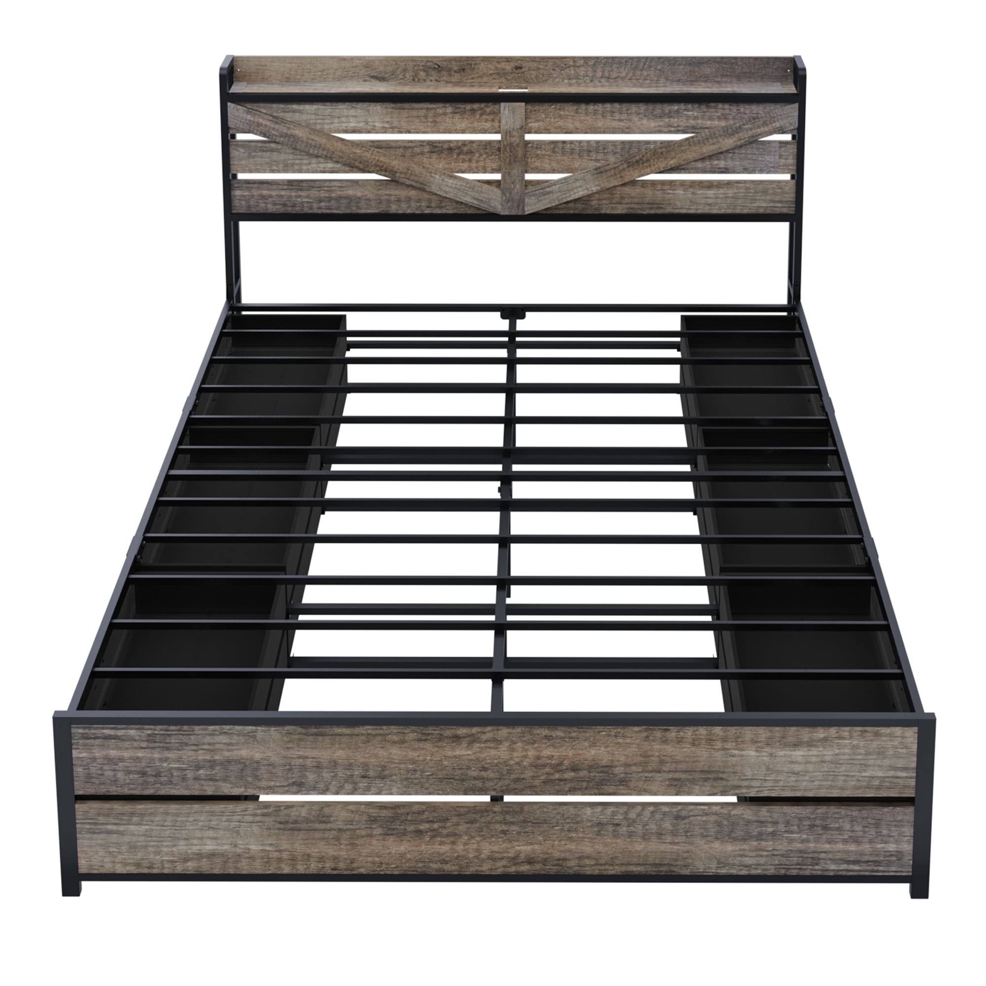 Yoneston King Bed Frame with Charging Storage Headboard and 12 Drawers, Farmhouse Metal Platform Bed No Box Spring Required, Brown