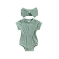 thumbnail image 2 of Musuos Baby Girls Summer Ribbed Jumpsuit 3M 6M 9M 12M 18M Short Sleeve Solid Color Romper with Bow Headband Casual Outfits, 2 of 9