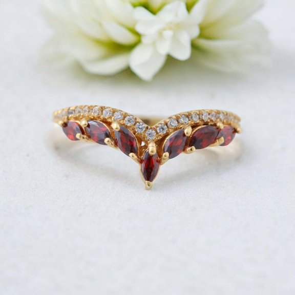 Garnet Wedding Band Curved Diamond Bridal Jewelry Yellow Gold Plated Engagement Ring Matching Stacking Band January Birthstone Gift for Love