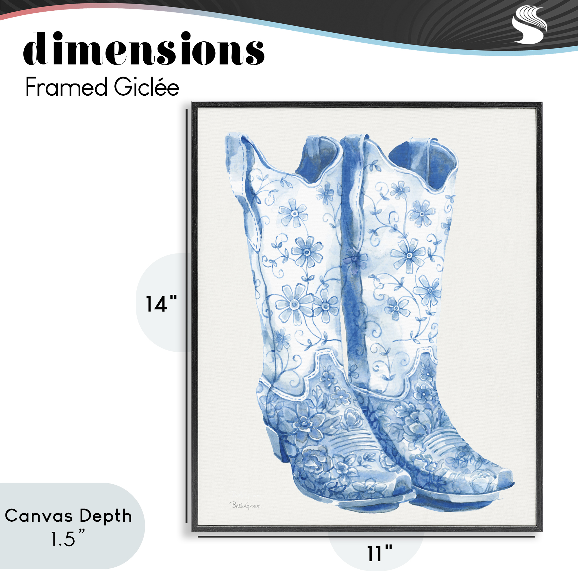 Stupell Industries Blue Boots with Floral Embroidery Black Framed Giclee Art, design by Beth Grove