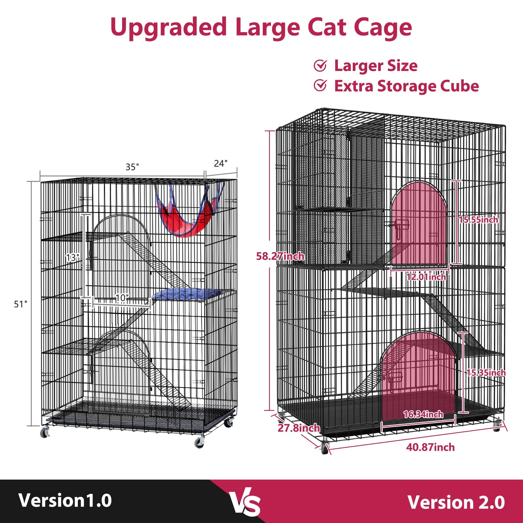 Jhsomdr 4-Tier Large Cat Cage Indoor Cat Enclosures with Storage Cube 58"H Collapsible Metal Cat Playpen Ferret Cage Outdoor Cat Kennel with 2 Doors