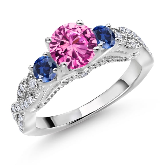 Gem Stone King 1.55 Cttw Pink Created Sapphire Blue Created Sapphire and White Moissanite Engagement Ring for Women | 925 Sterling Silver | Gemstone September Birthstone | Round 6MM and 3MM| Size 6