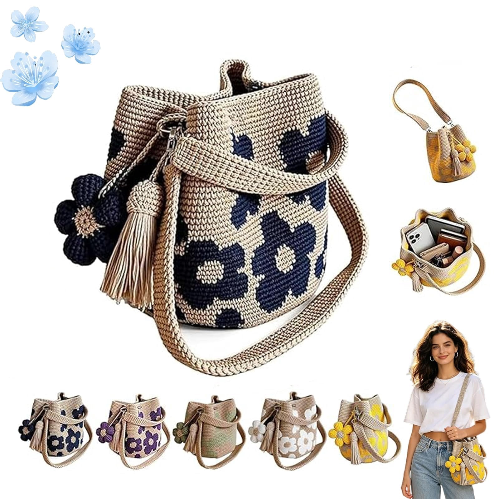 Handmade Crochet Flower Tote, Boho Knit Floral Woven Purse Bag, Hand Woven Knit Shoulder Crossbody Bag for Women Summer Beach Vacation, Large Capacity Woven Bag