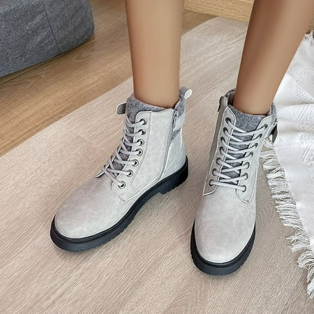 

ERTUTUYI Ladies British Lace Up Boots Side Zipper Belt Buckle Flat Short Boots Grey 42
