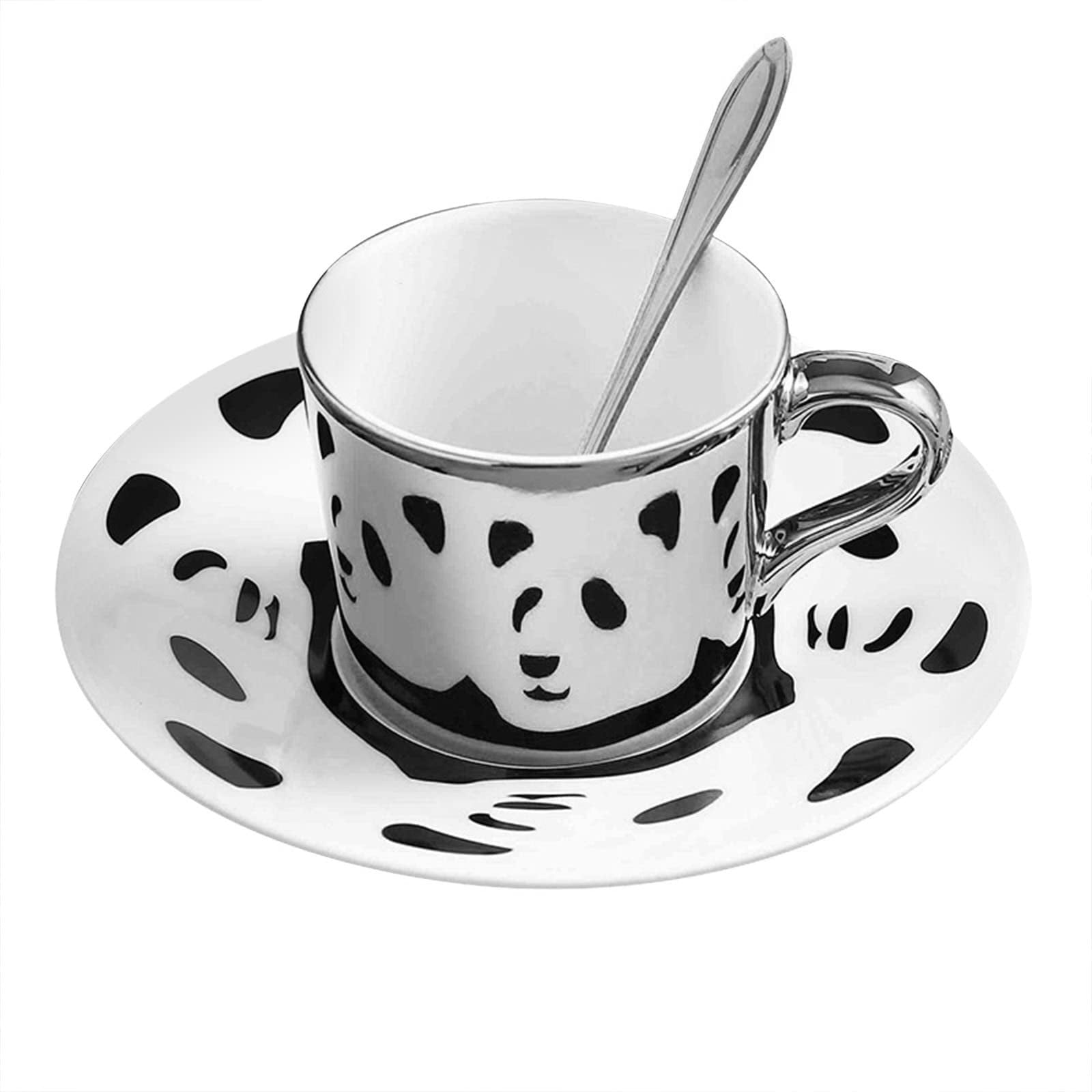 ADruer Angled Mirror Cup & Saucer, Moving Reflection Panda Mirror Coffee Mug for Cappuccino, Milks, Espresso, Tea, Coffee, Christmas Gifts, 11oz