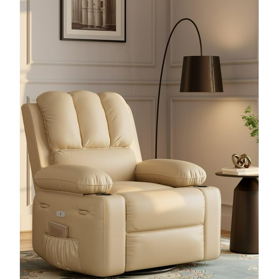 Oversized Power Recliner Chair for Elderly,Electric Recliner Chair with Massage and Heating, Swivel Rocker Recliner with Cup Holders,Pockets,PU Leather Recliner with 1.5X Sponge Filling