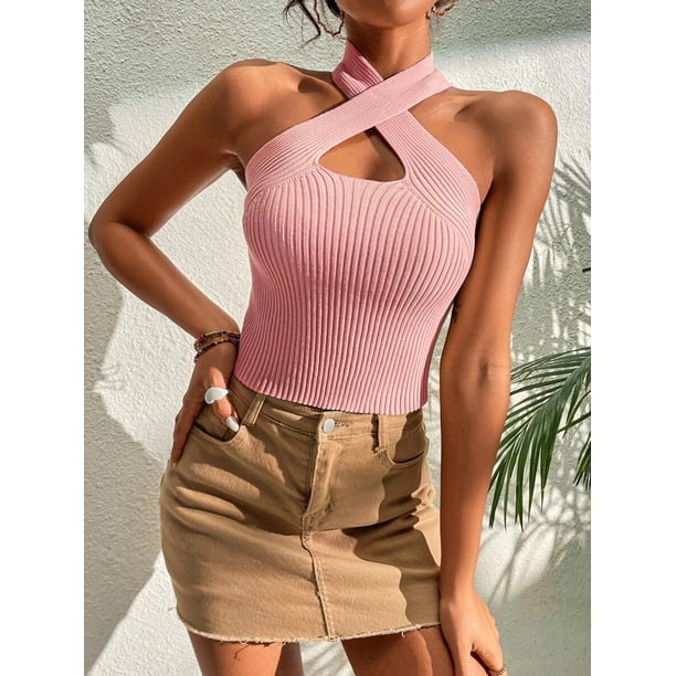 Verano nuevas mujeres corazón entrecruzado acanalado punto sin mangas Halter Crossfit Y2K Crop Top ropa mujer Sexy Casual espalda descubierta tanque Tan Jianjun unisex