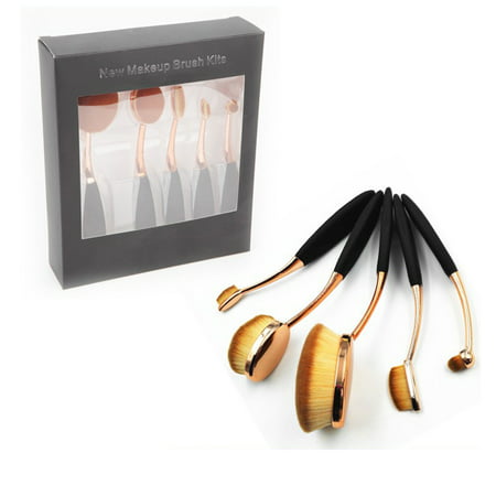 New Professional Soft Oval Toothbrush Makeup Brush Gold Black Sets 5Pcs