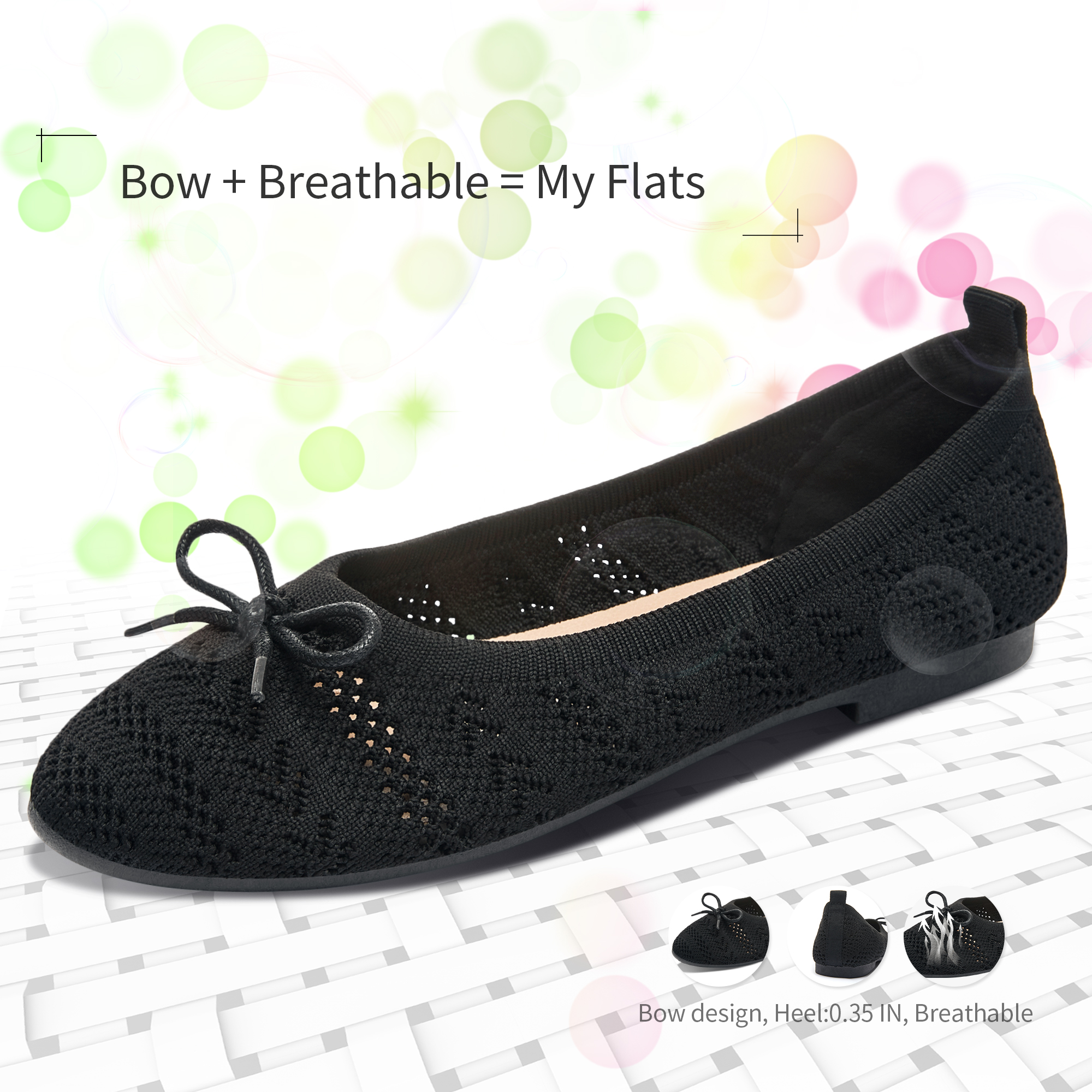 Aomais Women's Ballet Flats With Bow, Black photo 3